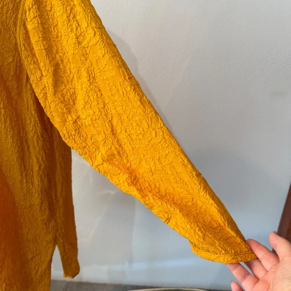 URU 100% Silk Yellow Crinkle Tunic Mandarin Collar Frog Toggle Lagenlook Large - Picture 5 of 14